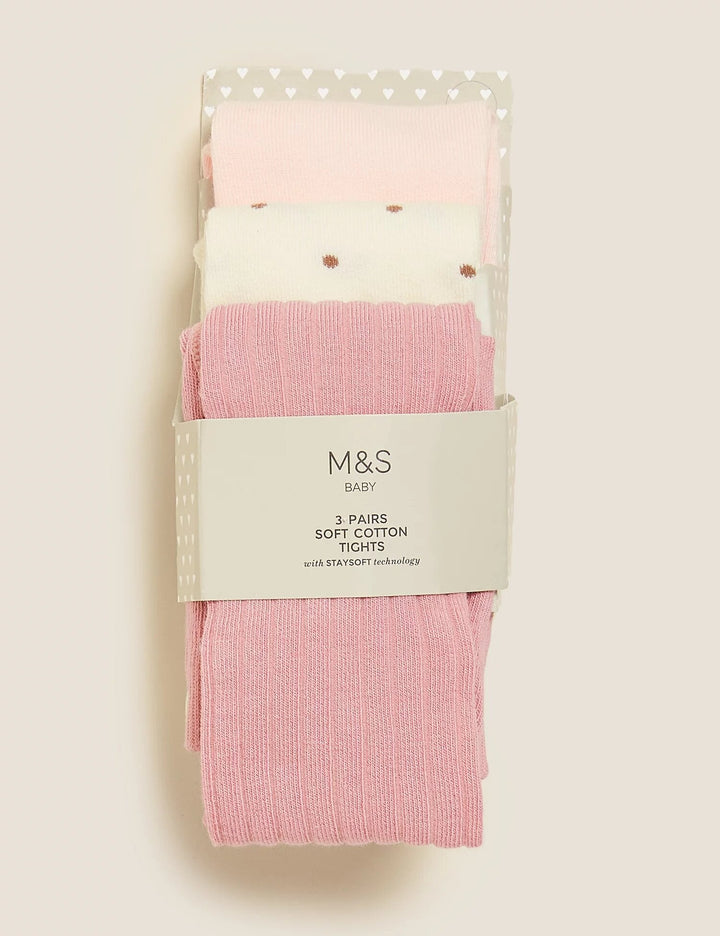 3pk Cotton Tonal Baby Tights - Lotange - Marks & Spencer - Baby Girls Socks & Tights