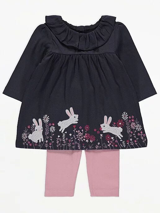 Bunny Frill Neck Dress and Leggings - Lotange - George - Baby Girls Outfits