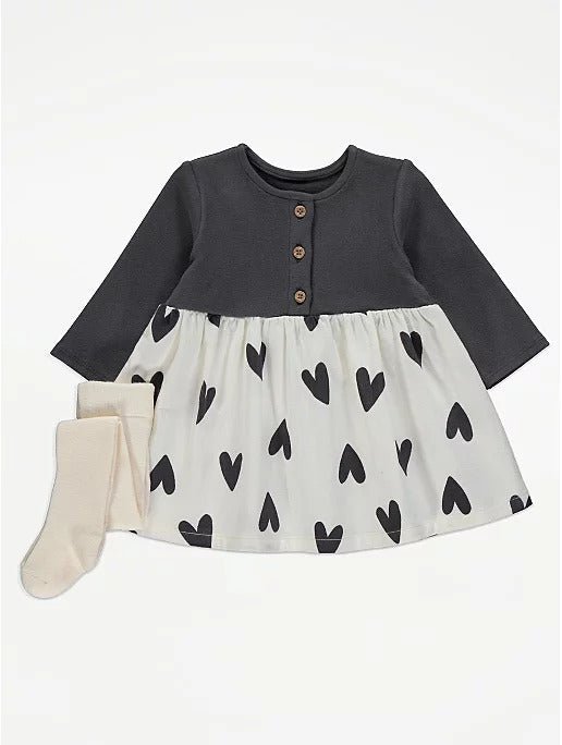 Charcoal Heart Button Up Dress and Tights Outfit - Lotange - George - Baby Girls Outfits