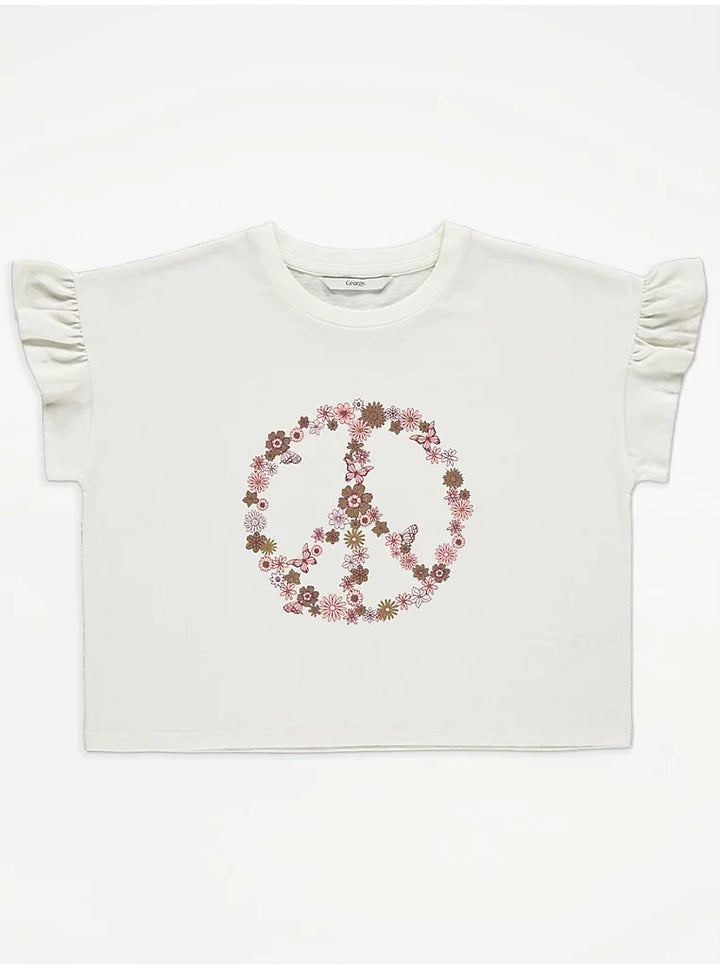 Cream Floral Peace Sign Graphic T-Shirt - Lotange - George - Girls Tops & T-Shirts