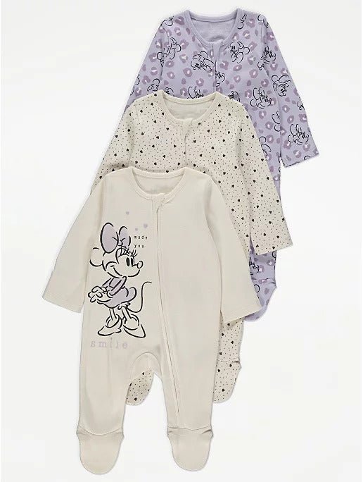 Disney Minnie Mouse Smile Zip Sleepsuits 3 Pack - Lotange - George -