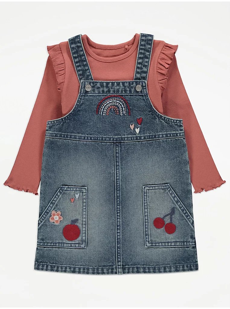 Embroidered Denim Pinafore and Long Sleeve Top Outfit - Lotange - George - Girls Outfits