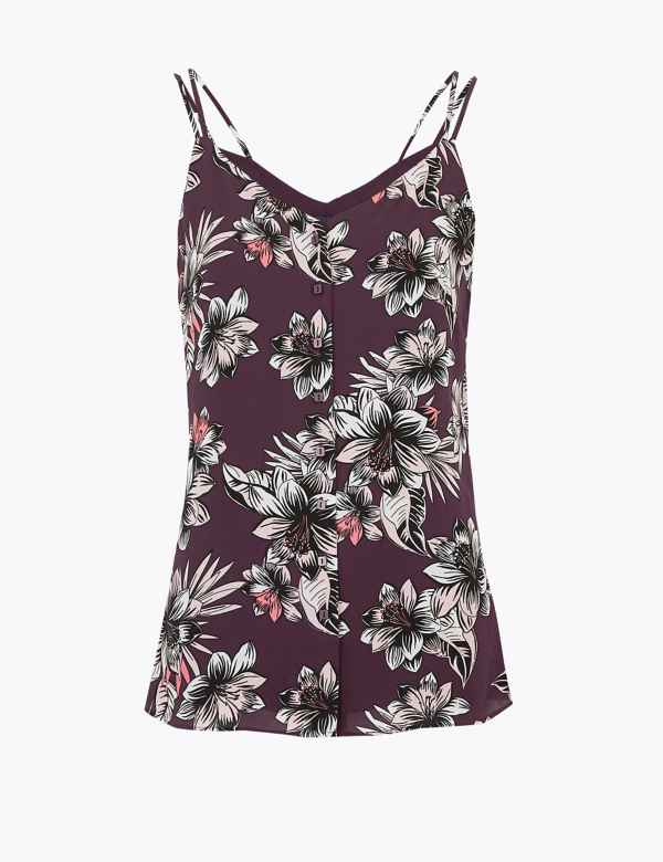 Floral V-Neck Button Through Camisole Top - Lotange - Marks & Spencer - Women Tops