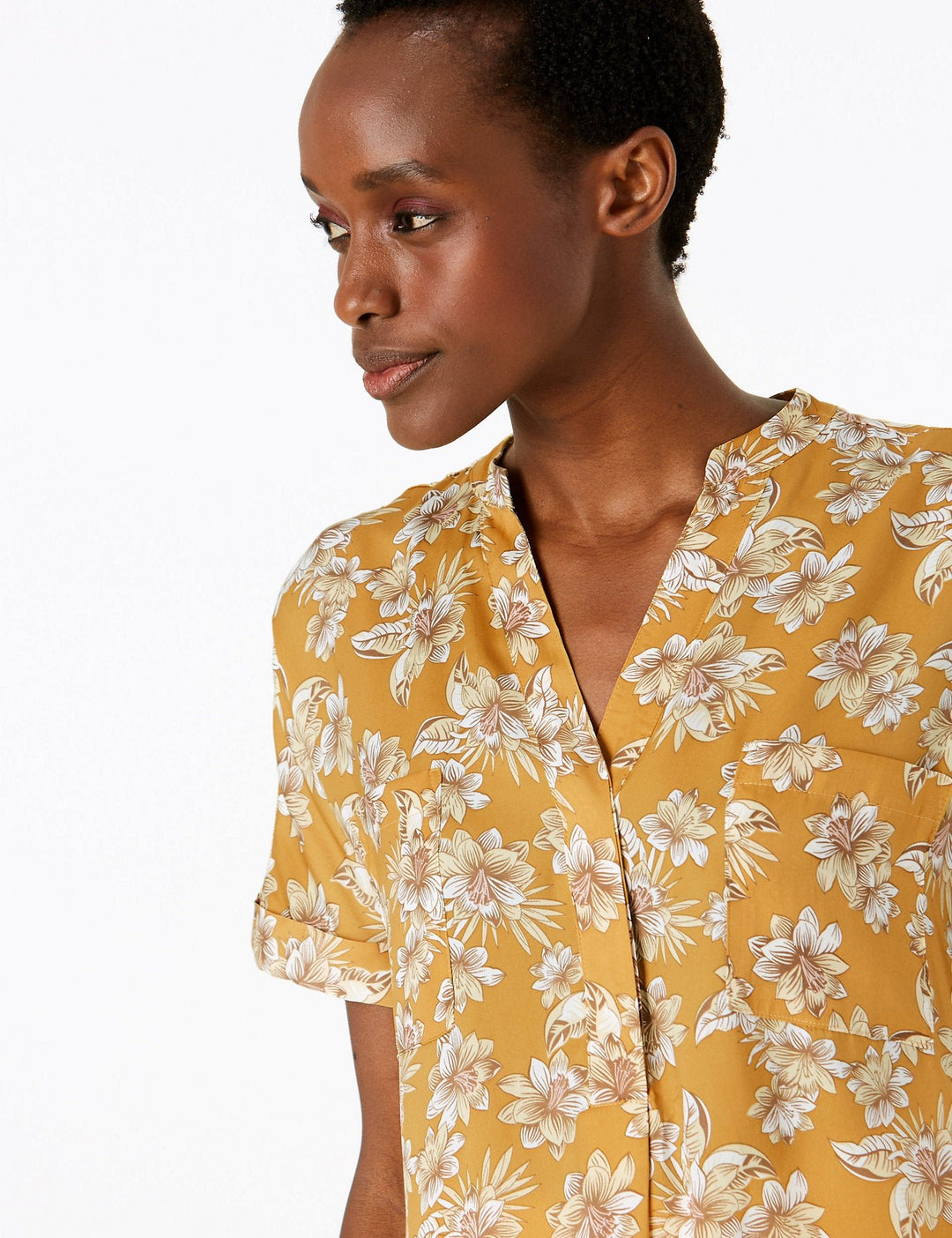 Floral V-Neck Short Sleeve Blouse - Lotange - Marks & Spencer - Women Tops