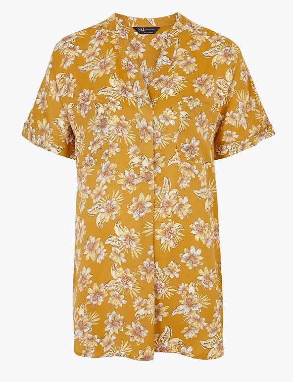 Floral V-Neck Short Sleeve Blouse - Lotange - Marks & Spencer - Women Tops