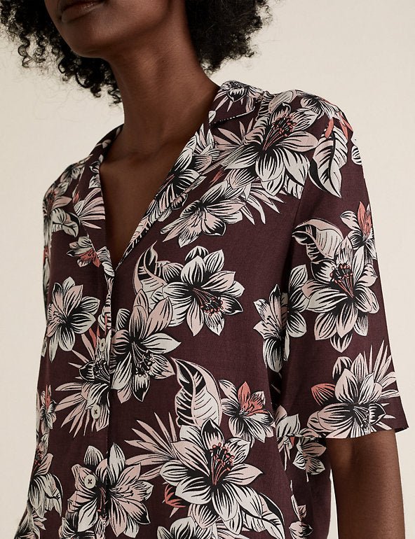 Floral V-Neck Short Sleeve Shirt - Lotange - Marks & Spencer - Women Tops