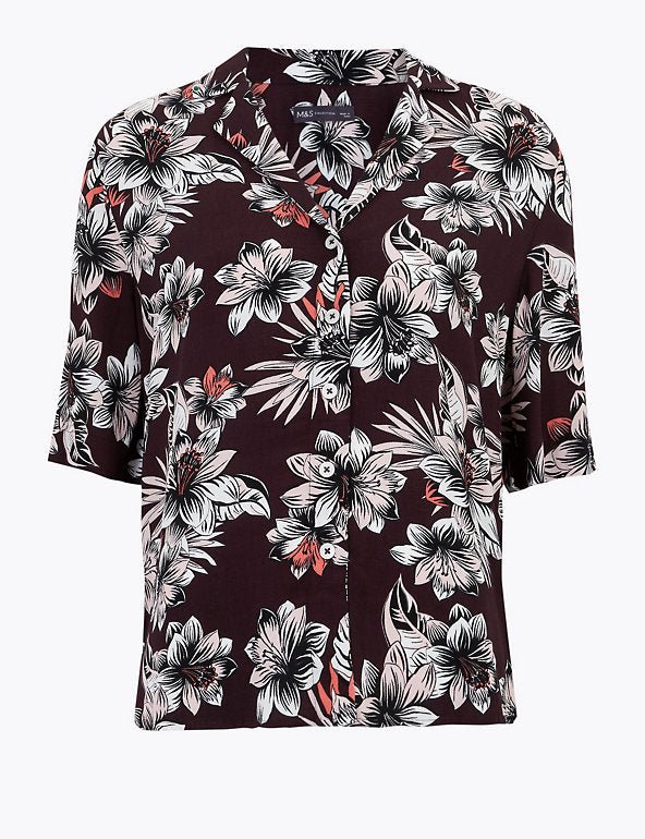 Floral V-Neck Short Sleeve Shirt - Lotange - Marks & Spencer - Women Tops