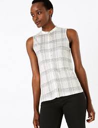 Jersey Checked Sleeveless Shirt - Lotange - Marks & Spencer - Women Tops