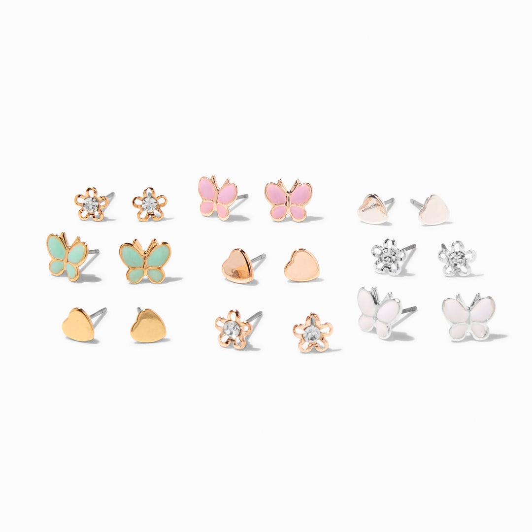 Mixed Metal Butterfly & Flower Stud Earrings - 9 Pack - Lotange - Claire's - Earrings