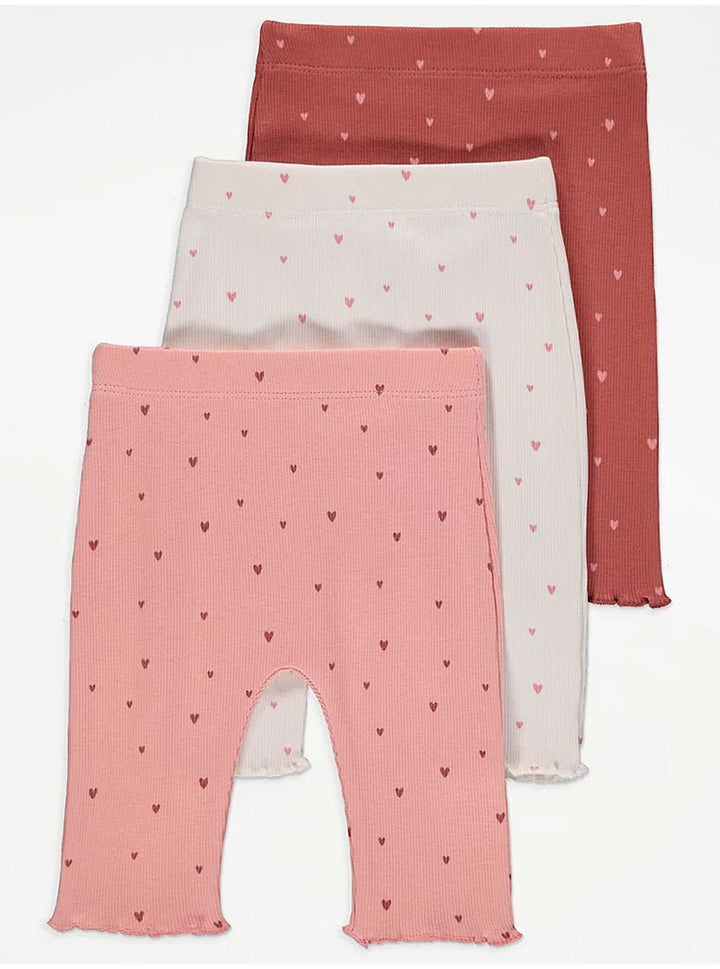 Pink Heart Lettuce Ankle Rib Leggings 3 Pack - Lotange - George -