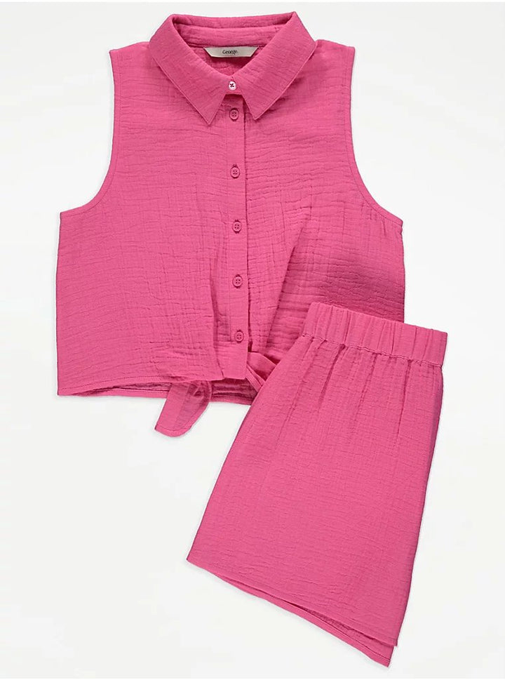 Pink Tie Front Shirt and Shorts Outfit - Lotange - George - Girls Outfits