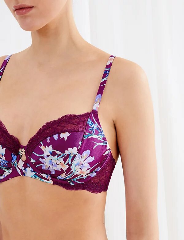 Silk & Lace Floral Non Padded Balcony Bra - Lotange - Rosie - Womens Bras