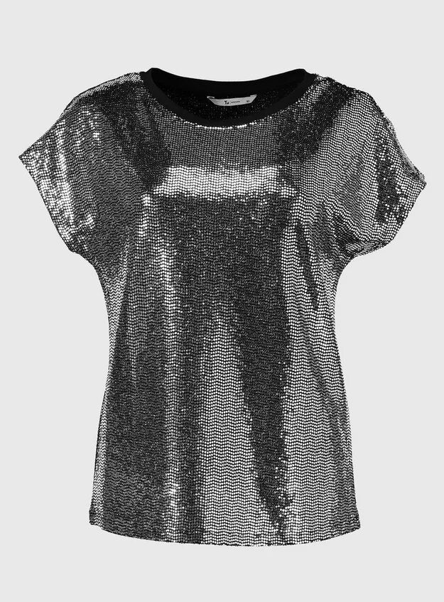 Silver Sequin Crew Neck Top - Lotange - Tu Clothing - Women Tops